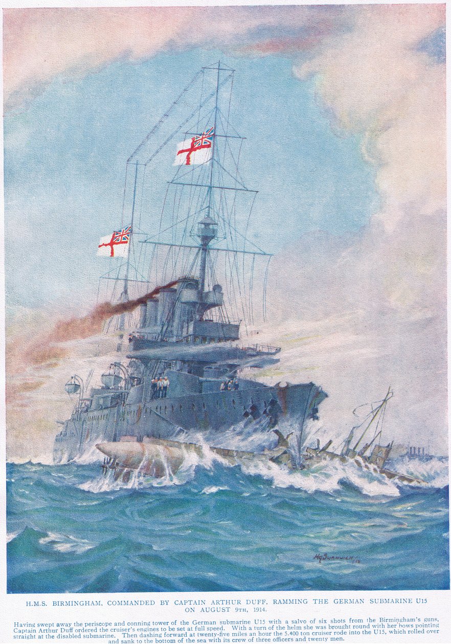 HMS Birmingham dowodzony przez kapitana Arthura Duffa, taranujący niemiecką łódź podwodną U15 9 sierpnia 1914, ilustracja z „Czyny, które drżą Imperium”, wydanej przez Hutchinson und Co., c.1920 (kolor li autorstwa H. G. Swanwick