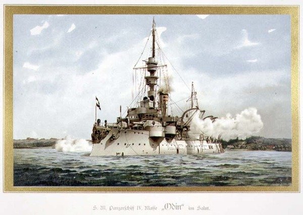 ŚM Panzerschiff, IV Klasse, „Odyn” im Salut (okręt pancerny H.M., 4. klasa, „Odyn” w Salucie) 1899 (lito) autorstwa H. Graf