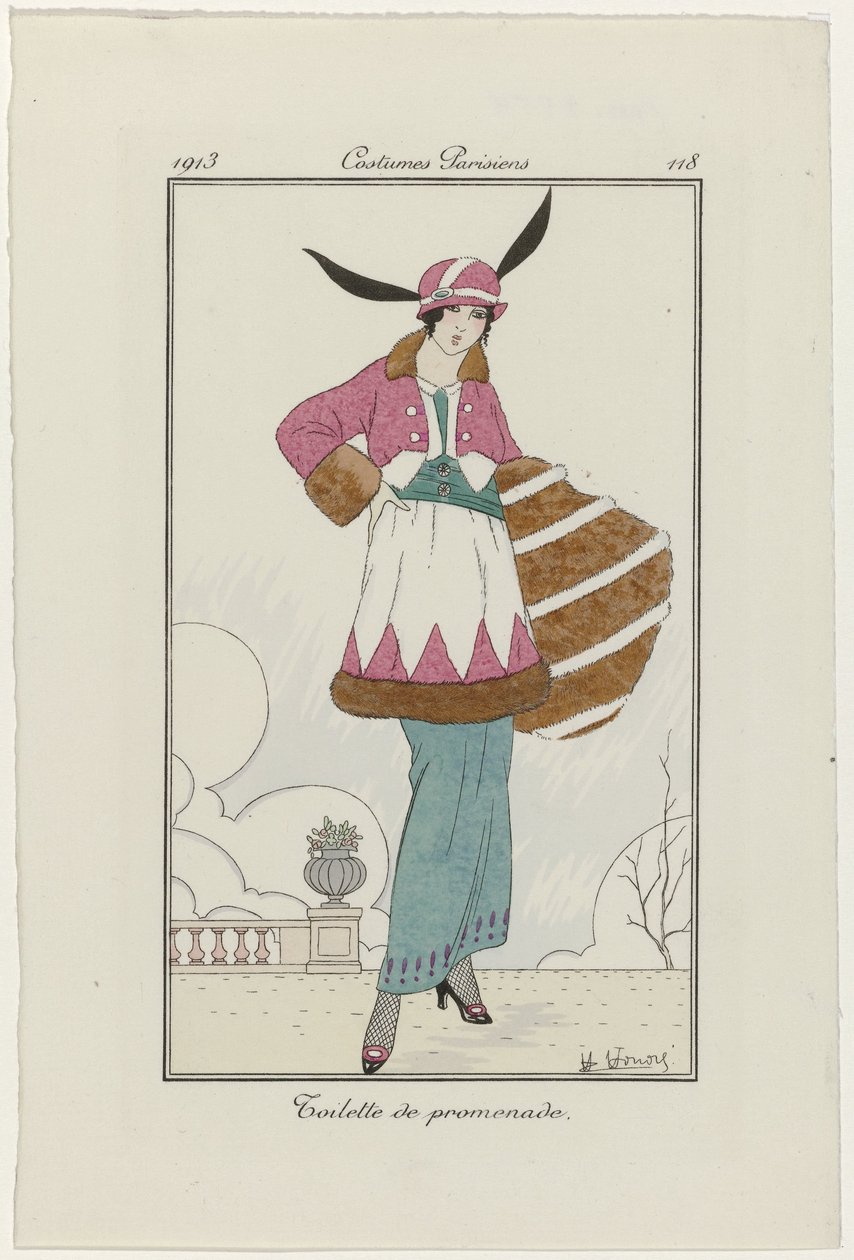 Journal of Ladies and Fashions: ilustratorzy mody Journal of Ladies and Fashions: Wiadomości o modzie Journal des Dames et des Modes, Costumes Parisiens, 1913, nr 118: Toaleta na spacer autorstwa H. Honore