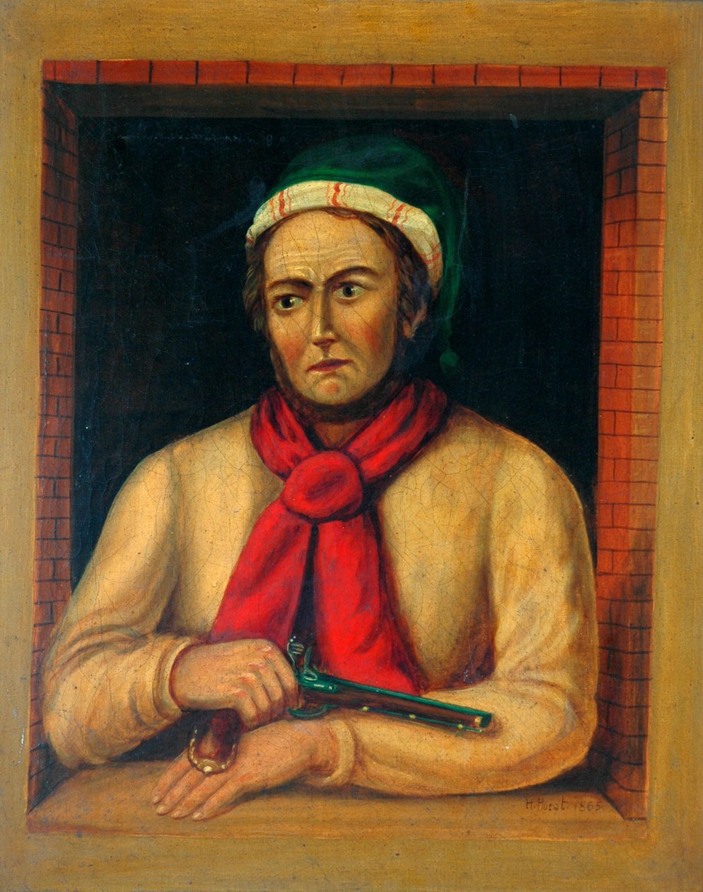 Mężczyzna z pistoletem wyglądający przez okno, 1865 autorstwa H. Hurst