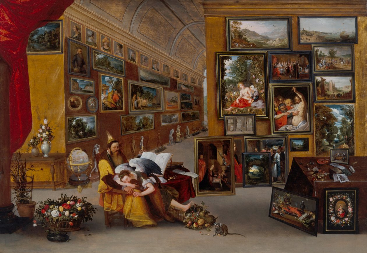Wnętrze galerii obrazów z obrazami alegorycznymi autorstwa H. II & Brueghel Jan I (1568 1625) Francken