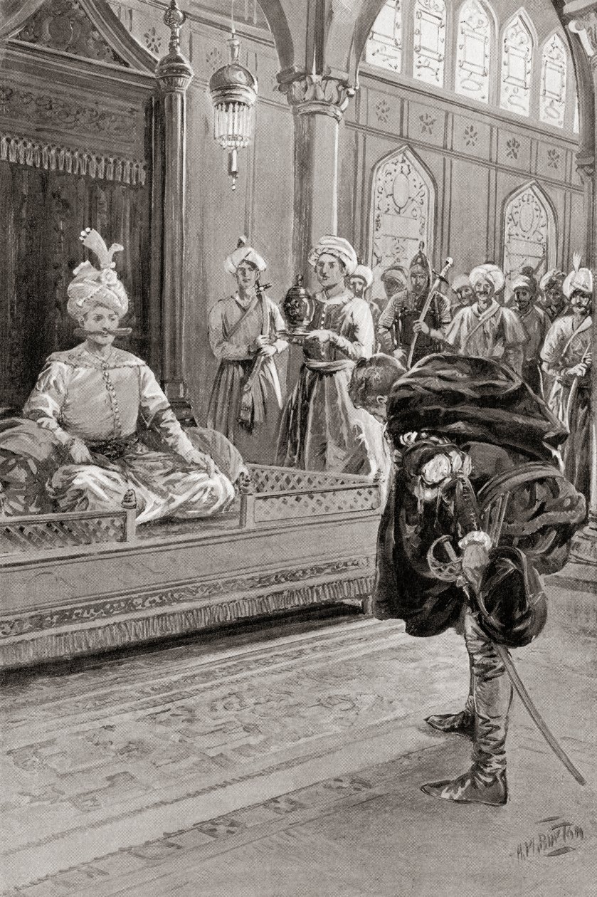 Sir Anthony Shirley odwiedzający dwór Szacha Abbasa Wielkiego, Persja w 1599, z Historii Narodów Hutchinsona, wyd. 1915 autorstwa H. M. (after) Burton