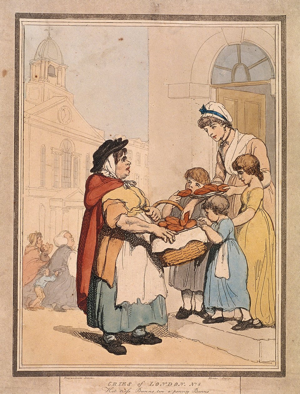 „Hot cross Bunns two a penny Bunns”, płyta VIII z Cries of London, 1799 autorstwa H Merke