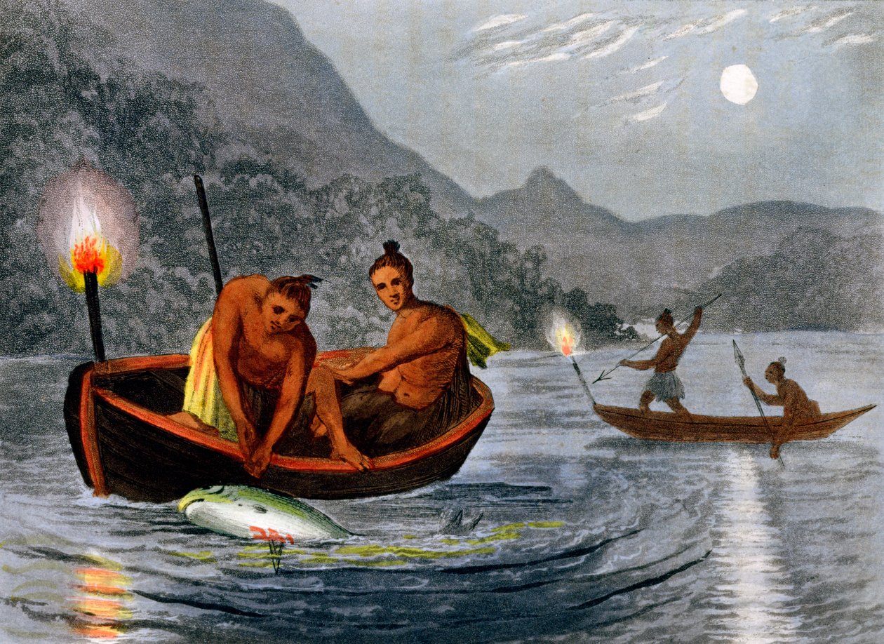 Rdzenni Amerykanie łowią ryby przy świetle pochodni w Ameryce Północnej, 1813 r. autorstwa H Merke