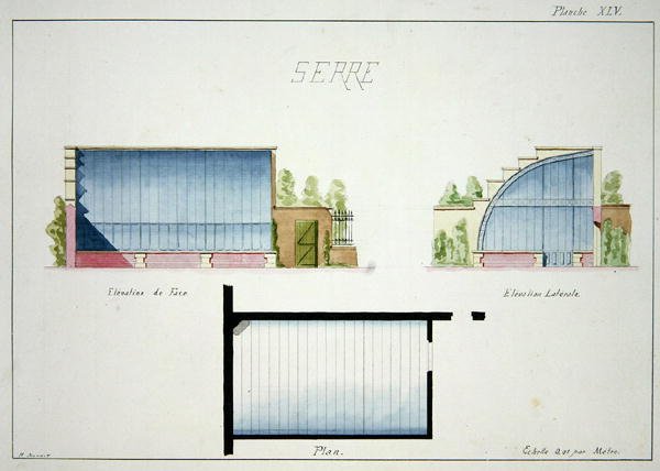 Projekt szklarni z zakrzywionymi szklanymi ścianami i dachem, z folio oryginalnych rysunków w stylu klasycznym i wczesnobelle-epoque, ok. 1870 (pióro i atrament na papierze) autorstwa H. Monnot