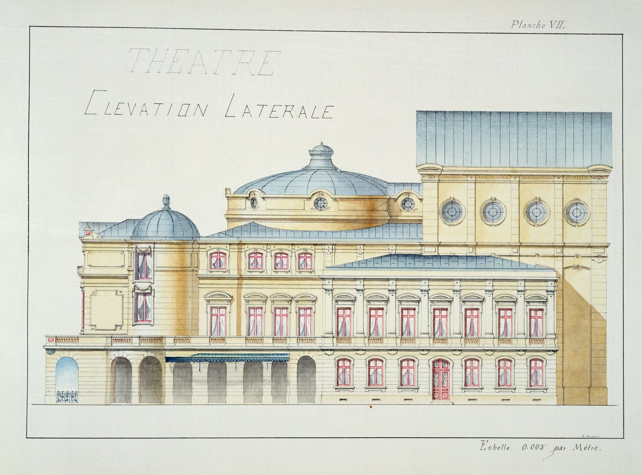 Elewacja boczna teatru, tablica VII z kartoteki projektów, ok.1870 autorstwa H. Monnot