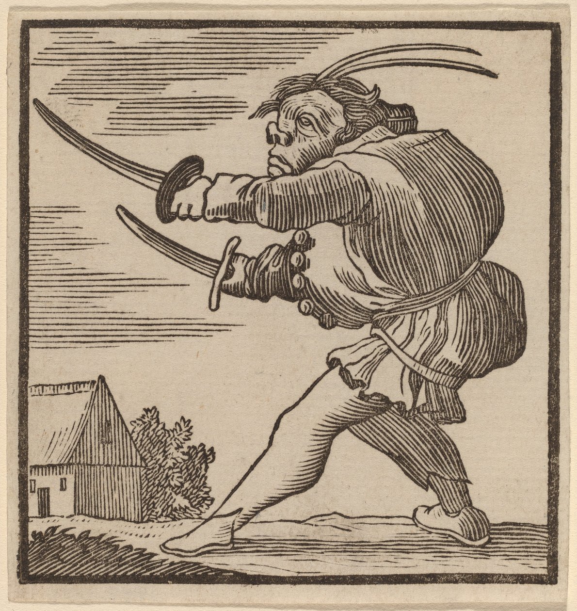 Garbus wymachujący dwoma mieczami autorstwa H. Numan after Jacques Callot