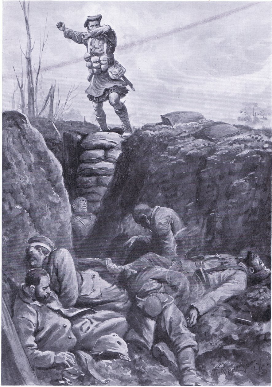 Szeregowy Brown (Gordon Highlander) bombarduje wroga w niemieckim okopie ze szczytu barykady. (lito) autorstwa H. Ripperger
