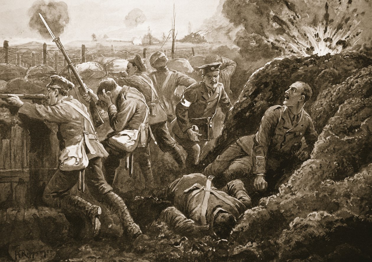 Porucznik Hallowes zachęca swoich ludzi, gdy leżał śmiertelnie ranny autorstwa H. Ripperger