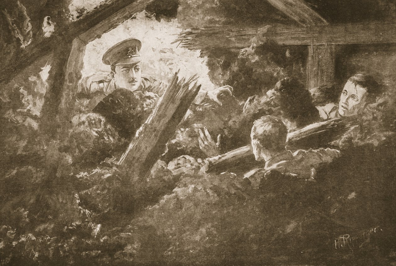 podporucznik C.F.H. Calvert odkopuje i ratuje dwóch mężczyzn z kopalni-galerii, która wpadła w autorstwa H. Ripperger