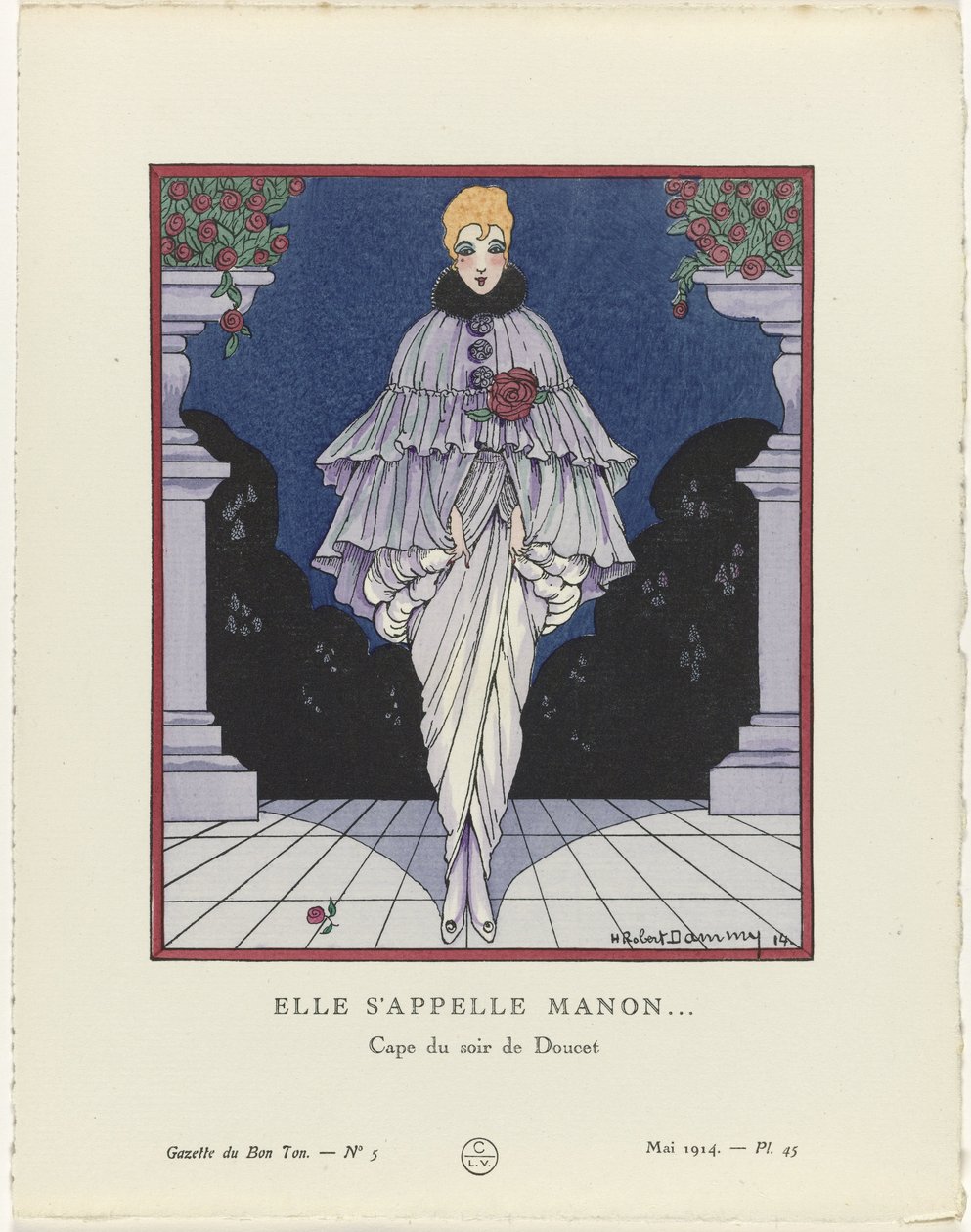 Gazette du Bon Ton, 1914 - nr 5, pl. 45: Nazywa się Manon (...) / Peleryna wieczorowa Douceta (tytuł na obiekcie) autorstwa H. Robert Dammy
