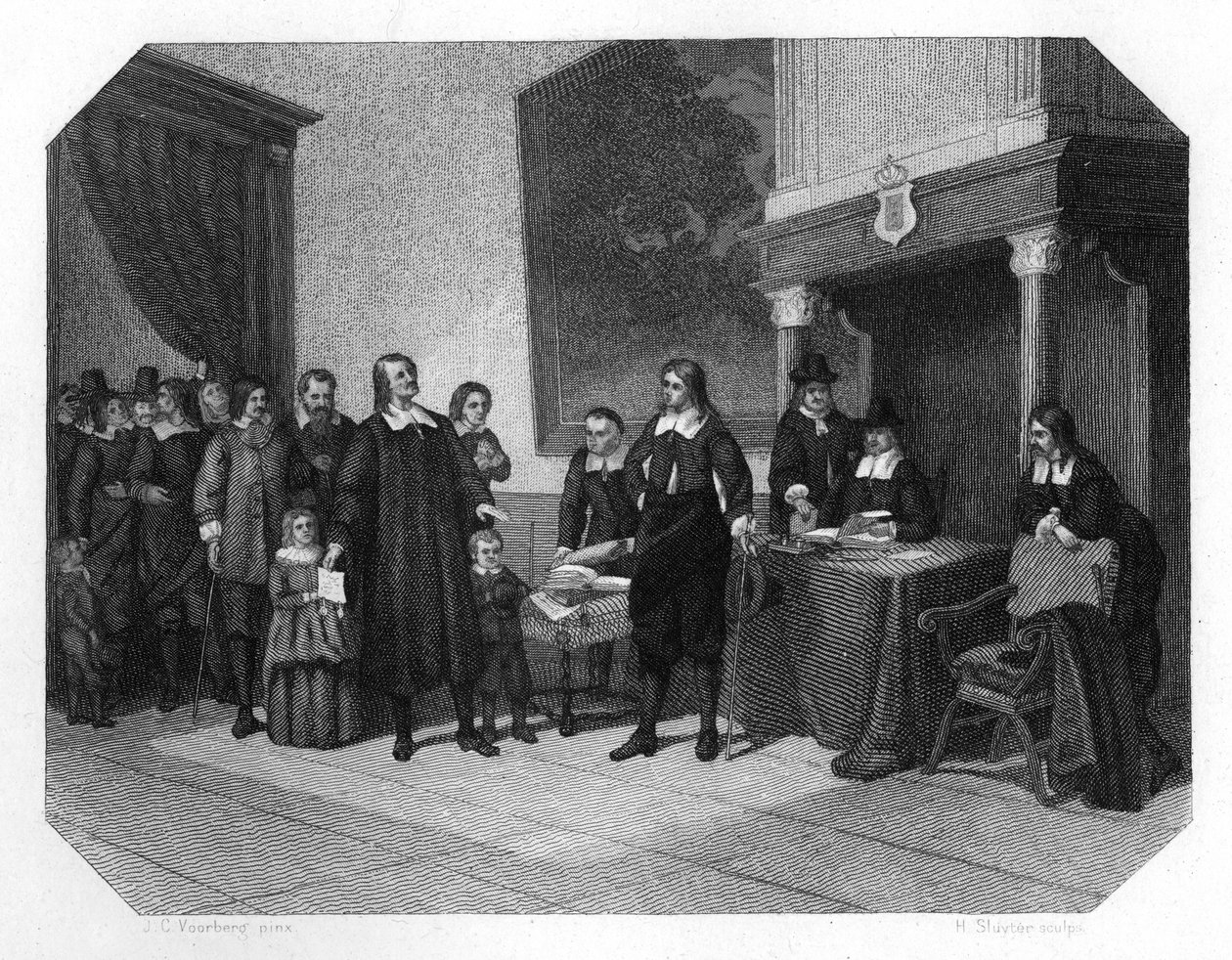 Przyjęcie francuskich protestantów w Amsterdamie, koniec XVII wieku ok. 1870 autorstwa H. Sluyter