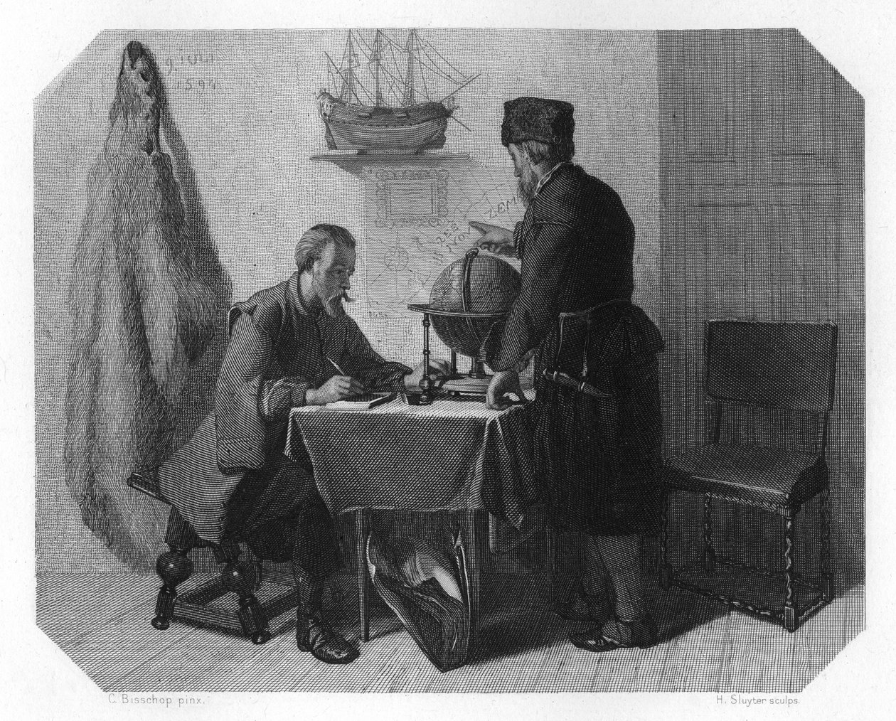Willem Barents i Jacob van Heemskerk wytyczają trasę, 1596 c1870 autorstwa H. Sluyter