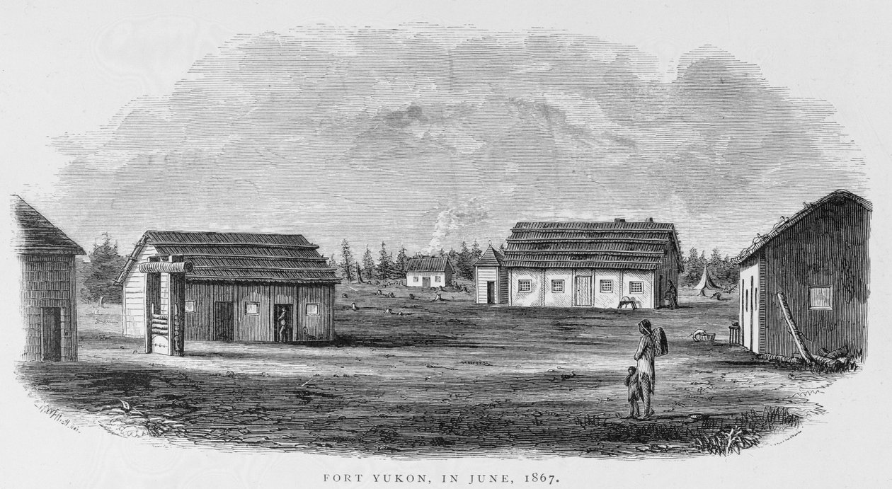 Fort Yukon, czerwiec 1867, z „Alaski i jej zasobów”, Williama H. Dalla, rycina Johna Andrew, wyd. 1870 autorstwa H. W., Elliot