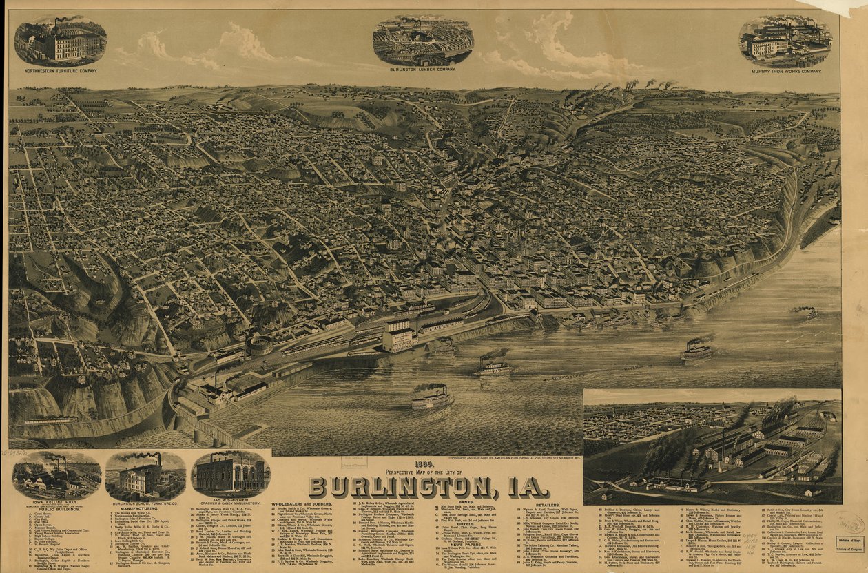 Perspektywiczna mapa miasta Burlington, Ia, z 1889 r. LOC 75693230 autorstwa H. Wellge