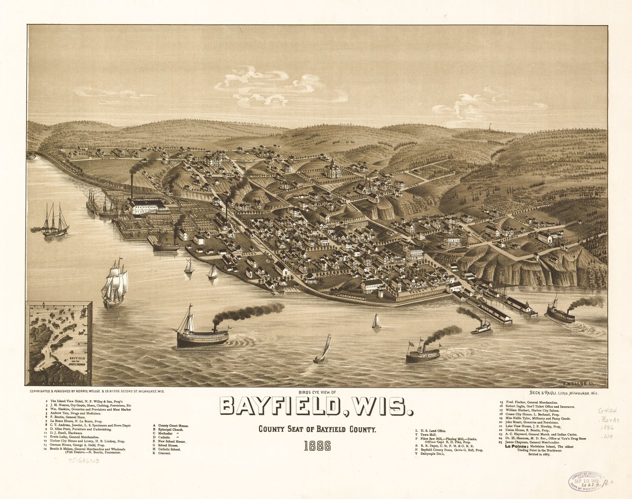 Widok z lotu ptaka na Bayfield, Wis., siedzibę hrabstwa Bayfield, 1886 r. LOC 75696703 autorstwa H. Wellge