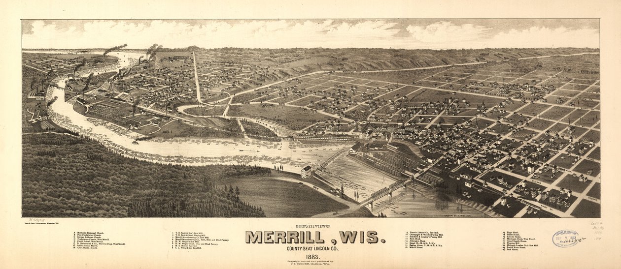 Widok z lotu ptaka na Merrill, Wis. siedziba hrabstwa Lincoln Co. 1883. LOC 75696715 autorstwa H. Wellge