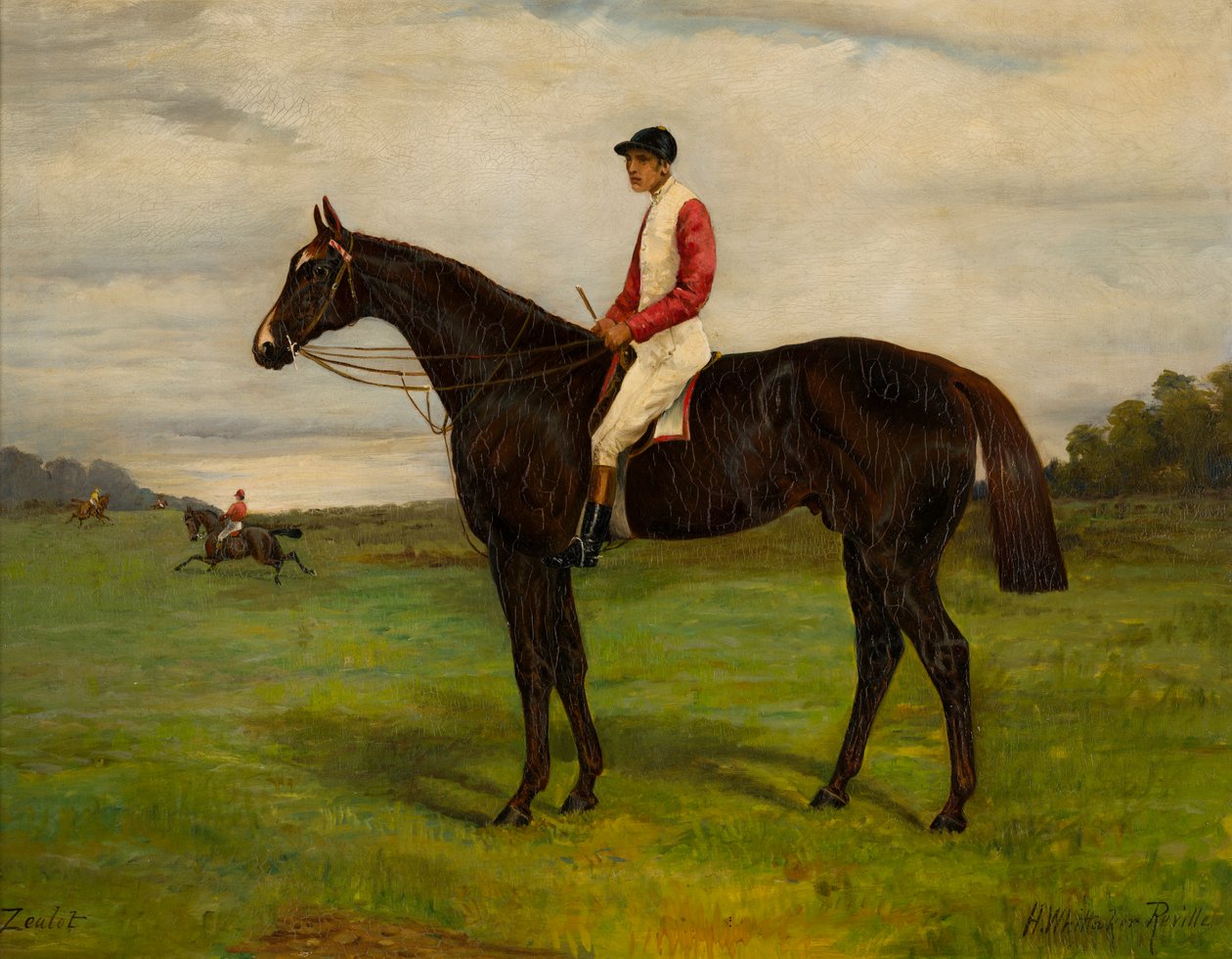 Zealot gniady koń wyścigowy z dżokejem, ok. 1871-1933 (olej na płótnie) autorstwa H. Whittaker Reville