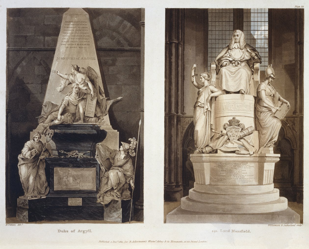Grobowce księcia Argyll i lorda Mansfielda, tablica 56 z Opactwa Westminsterskiego, grawerowana przez Williamsona i Thomasa Sutherlanda, wyd. Rudolph Ackermann (1764-1834) 1811 (akwatinta) autorstwa H. after Villiers