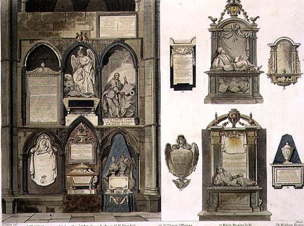 West Side of Poets Corner, tablica 25 z Opactwa Westminsterskiego, ryt. J. Bluck (fl.1791-1831) wyd. Rudolph Ackermann (1764-1834) 1811 (akwatinta) autorstwa H. after Villiers