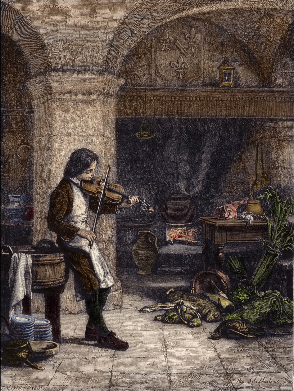 Jean Baptiste Lully (Giovanni Battista Lulli) (1632-1687), francuski kompozytor, następnie „”galopin”” lub marmiton Mademoiselle de Montpensier. Grawer T. Meyer-Heine (Meyer Heine) z rysunku Hippolyte de La Charlerie (1827-1867). autorstwa H. de la (after) Charlerie