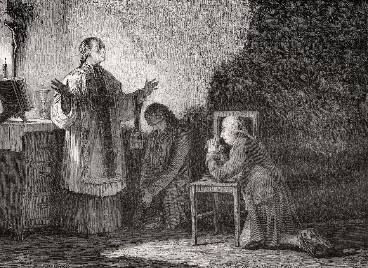 Ludwik XVI (1754-93) na modlitwie przed egzekucją autorstwa H. de la Charlerie