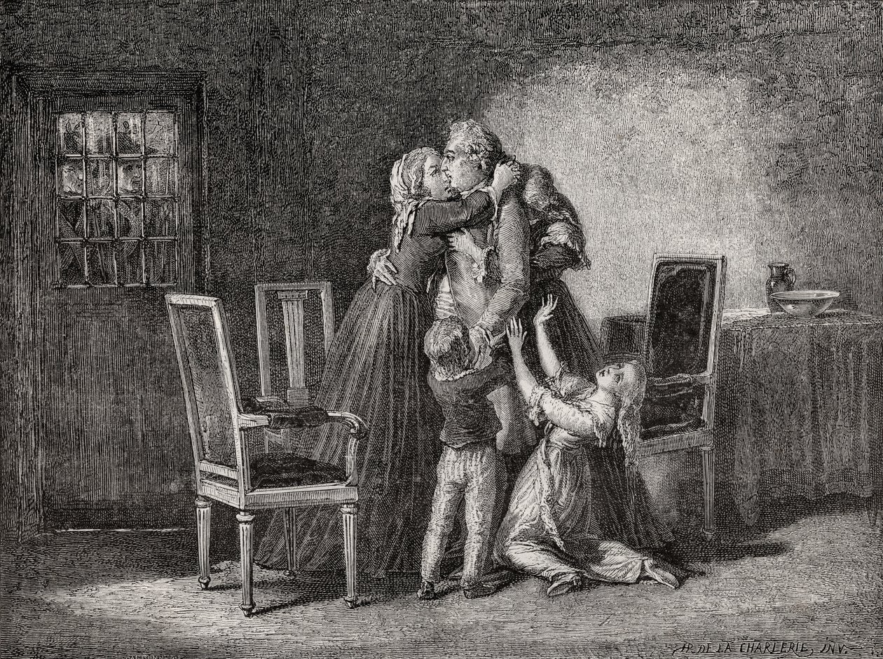 د شاهي کورنۍ وروستۍ الوداع، د جنورۍ په 20، 1793، د کاربونیو لخوا د "Histoire de la Revolution Francaise" څخه د لوئس بلانک (1811-82) پولي لخوا لیکل شوی. autorstwa H. de la Charlerie