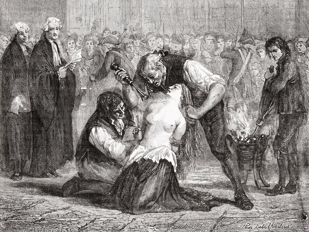 Tortura Madame de la Motte, grawerowane przez Meyer-Heine, z „Histoire de la Revolution Francaise” Louisa Blanca (1811-82) autorstwa H. de la Charlerie
