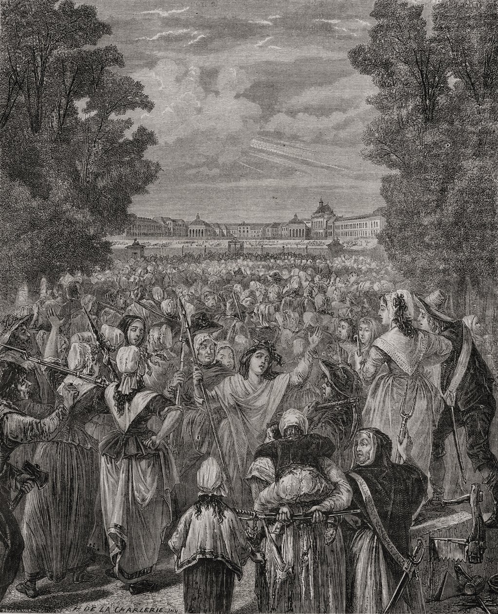 Marsz kobiet na Wersal, 5-6 października 1789, rycina autorstwa Pannemaker-Ligny, z "Histoire de la Revolution Francaise" Louisa Blanc (1811-82) autorstwa H. de la Charlerie