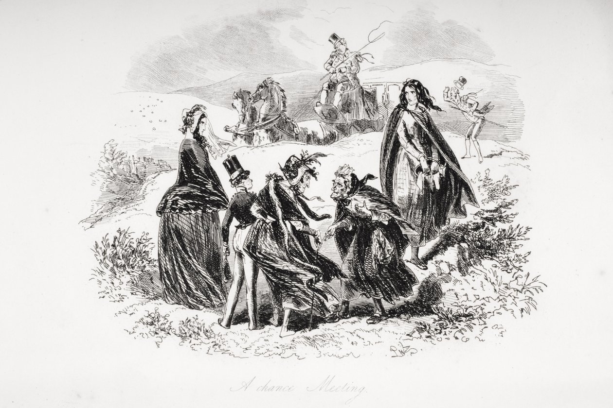 Przypadkowe spotkanie, ilustracja z „Dombey and Son” Charlesa Dickensa (1812-70) opublikowana po raz pierwszy w 1848 r. autorstwa Hablot Knight Browne