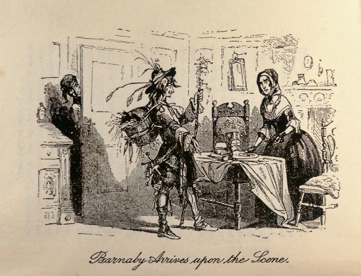 „Barnaby przybywa na scenę” z „Barnaby Rudge” Charlesa Dickensa (1812-70) autorstwa Hablot Knight Browne