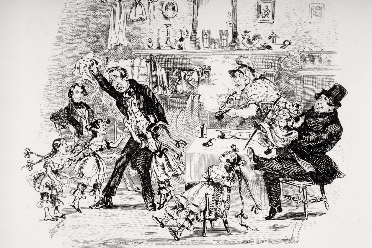 Wzruszenie pana Kenwigsa po usłyszeniu rodzinnych wieści od Mikołaja, ilustracja z „Nicholas Nickleby” autorstwa Charlesa Dickensa (1812-70) opublikowana w 1839 r. (zob. także 259139) autorstwa Hablot Knight Browne