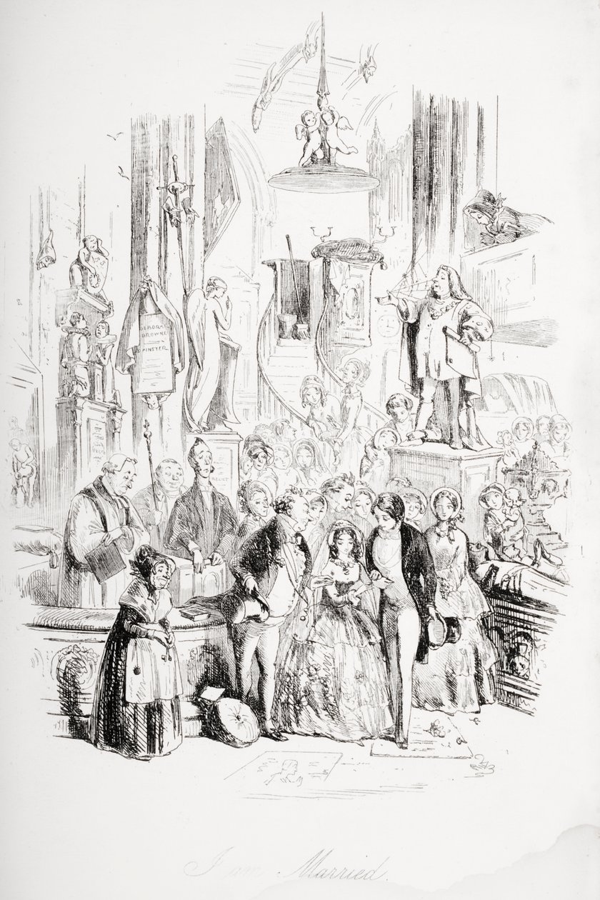 Jestem żonaty, ilustracja z „Dawida Copperfielda” Charlesa Dickensa (1812-70) opublikowana po raz pierwszy w 1850 r. autorstwa Hablot Knight Browne