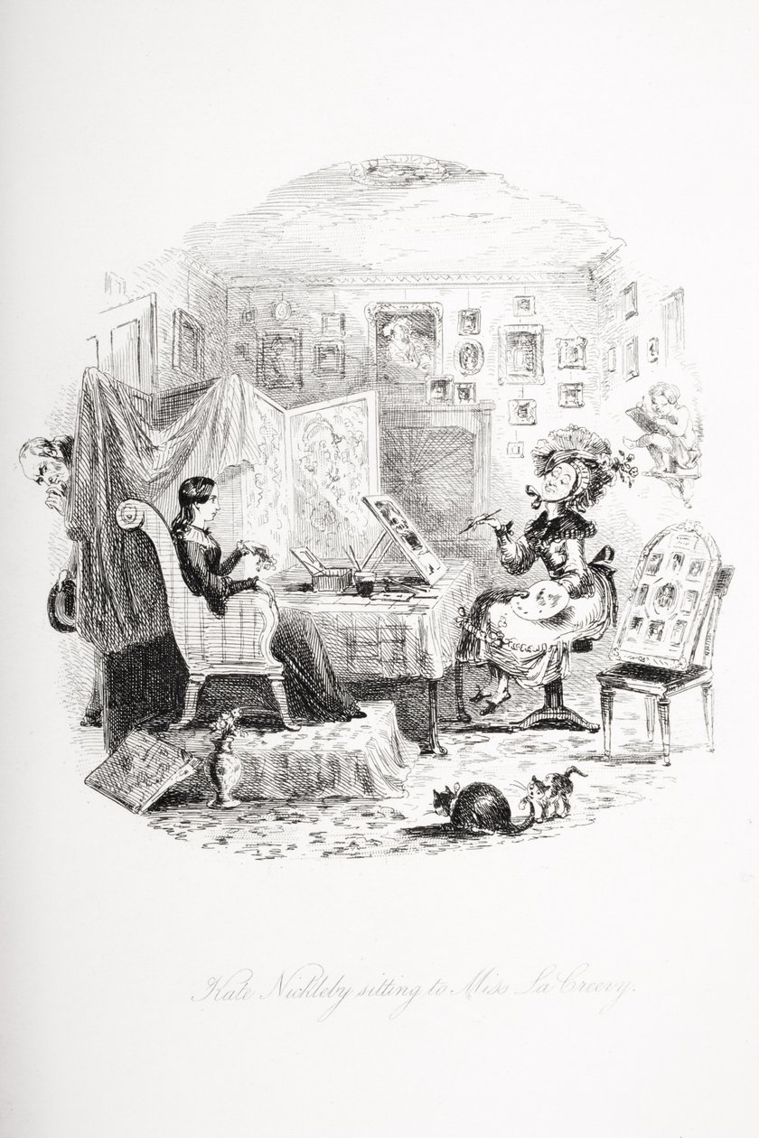 Kate Nickleby siedząca przy pannie La Creevey, ilustracja z „Nicholas Nickleby” Charlesa Dickensa (1812-70) opublikowana w 1839 r. autorstwa Hablot Knight Browne