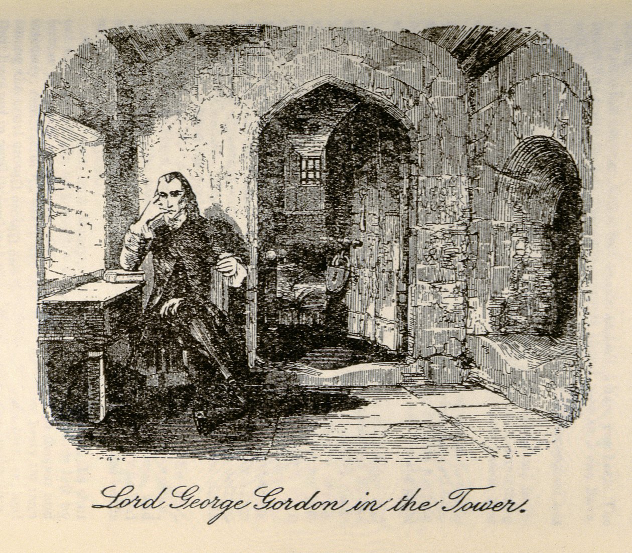 Lord George Gordon w Tower", z "Barnaby Rudge" Charlesa Dickensa (1812-70) autorstwa Hablot Knight Browne