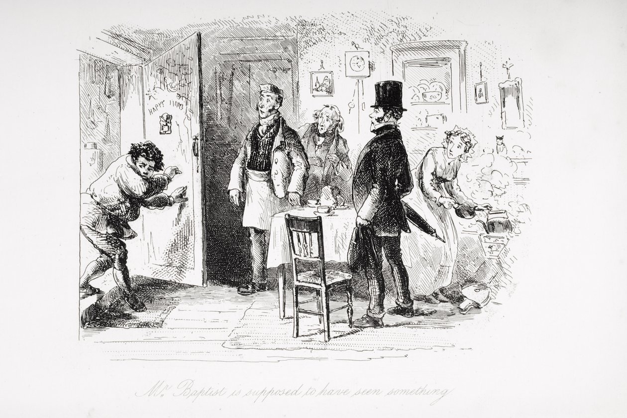 Pan Baptist podobno coś widział, ilustracja z „Little Dorrit” Charlesa Dickensa (1812-70) opublikowana po raz pierwszy w 1857 roku autorstwa Hablot Knight Browne