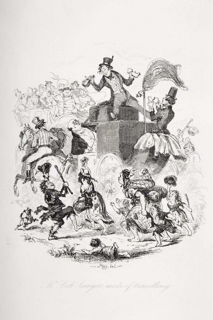 Sposób podróżowania pana Boba Sawyera, ilustracja z „The Pickwick Papers” Charlesa Dickensa (1812-70) wydana w 1837 r. autorstwa Hablot Knight Browne