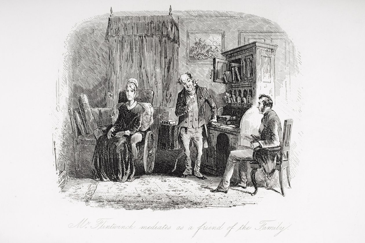 Pan Flintwinch pośredniczy jako przyjaciel rodziny, ilustracja z „Little Dorrit” Charlesa Dickensa (1812-70) opublikowana po raz pierwszy w 1857 roku autorstwa Hablot Knight Browne