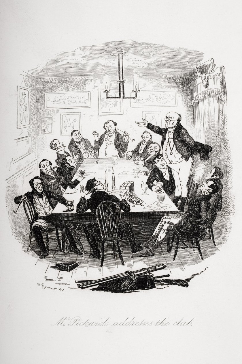 Pan Pickwick przemawia do klubu, ilustracja z „The Pickwick Papers” Charlesa Dickensa (1812-70) z 1837 r. autorstwa Hablot Knight Browne