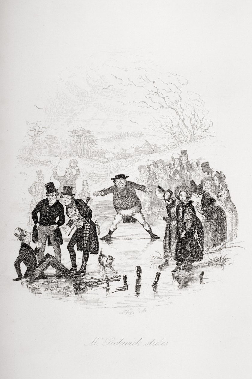 Slajdy Mr. Pickwicka, ilustracja z „The Pickwick Papers” Charlesa Dickensa 1812-70) opublikowana w 1837 r. (patrz także 259111) autorstwa Hablot Knight Browne
