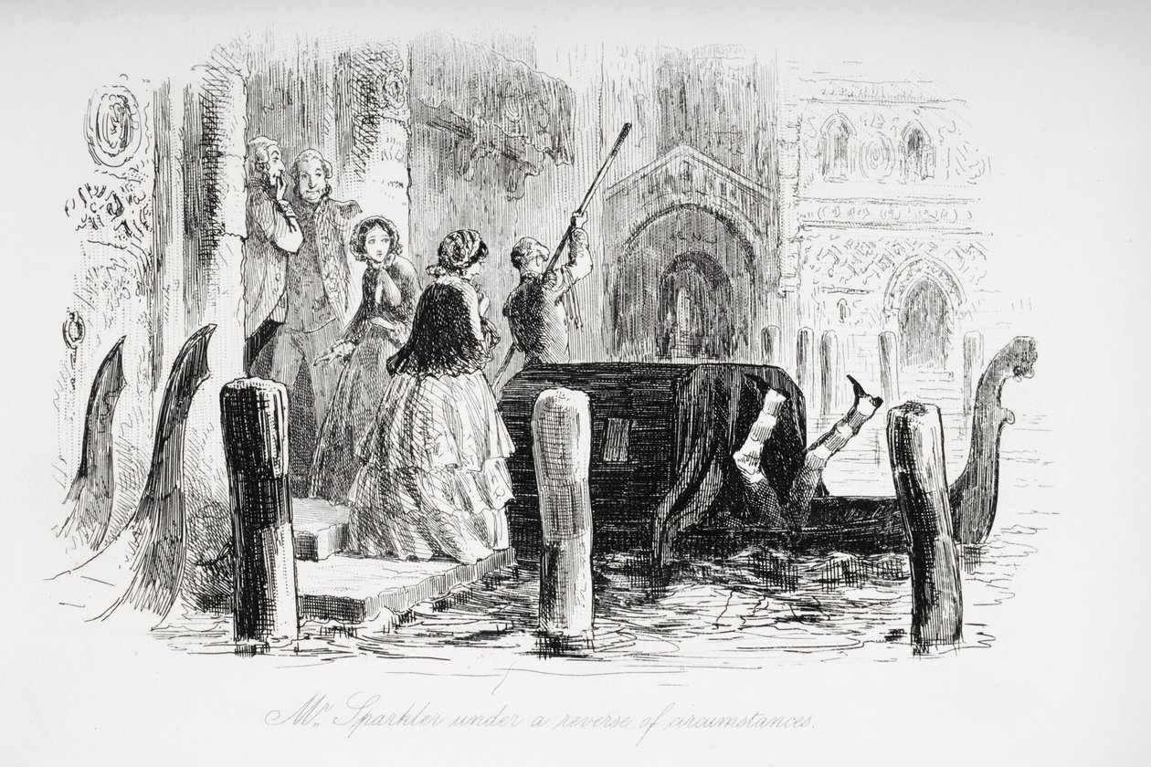 Pan Sparkler w odwrotnych okolicznościach, ilustracja z „Little Dorrit” Charlesa Dickensa (1812-70) opublikowana po raz pierwszy w 1857 roku autorstwa Hablot Knight Browne