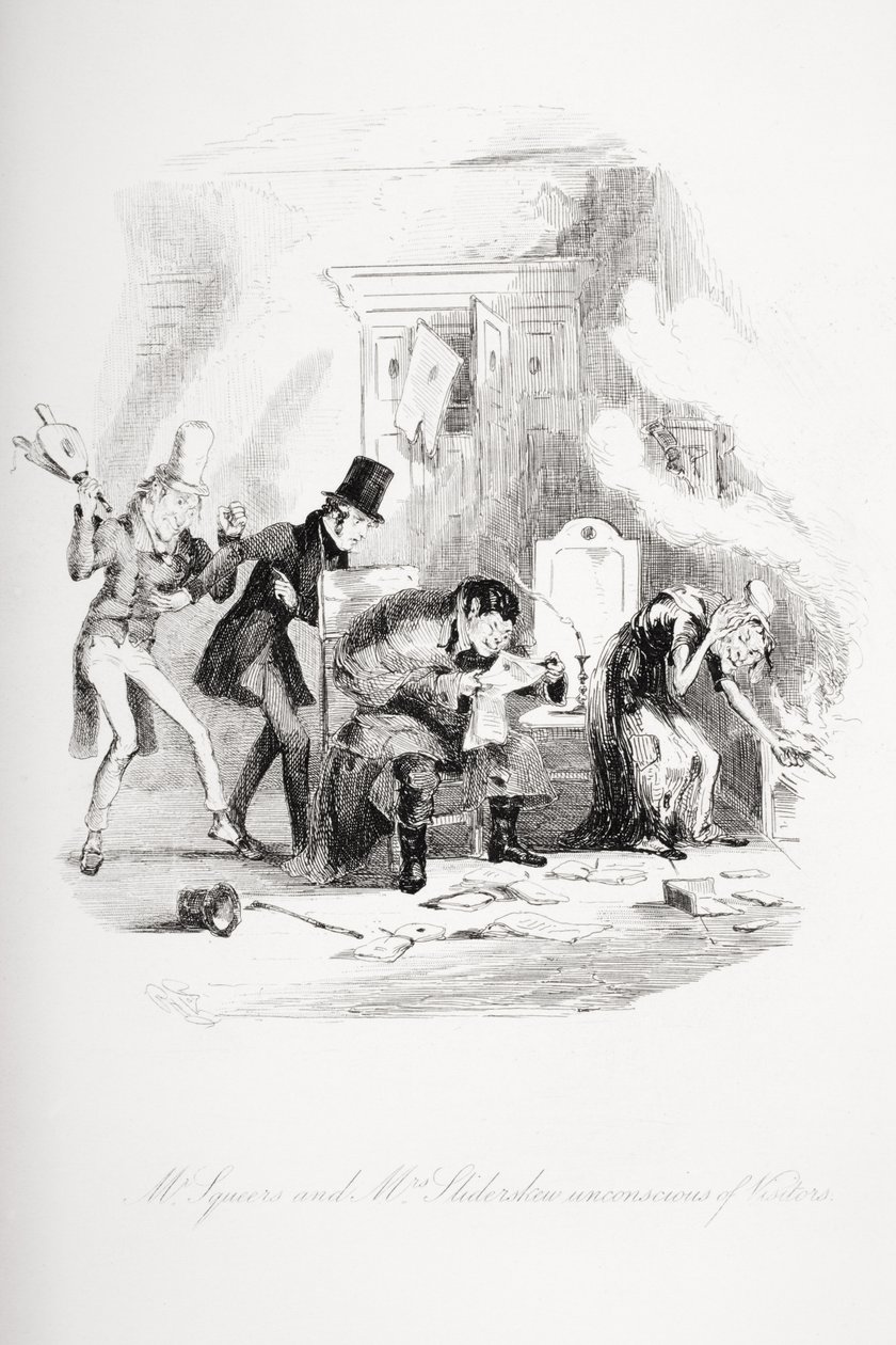 Pan Squeers i pani Sliderskew nieświadomi gości, ilustracja z „Nicholas Nickleby” Charlesa Dickensa (1812-70) opublikowana w 1839 r. autorstwa Hablot Knight Browne