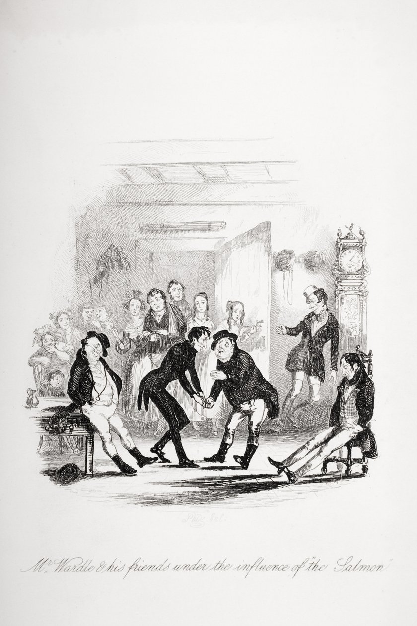 Pan Wardle i jego przyjaciele pod wpływem łososia, ilustracja z „The Pickwick Papers” Charlesa Dickensa (1812-70) wydana w 1837 roku autorstwa Hablot Knight Browne