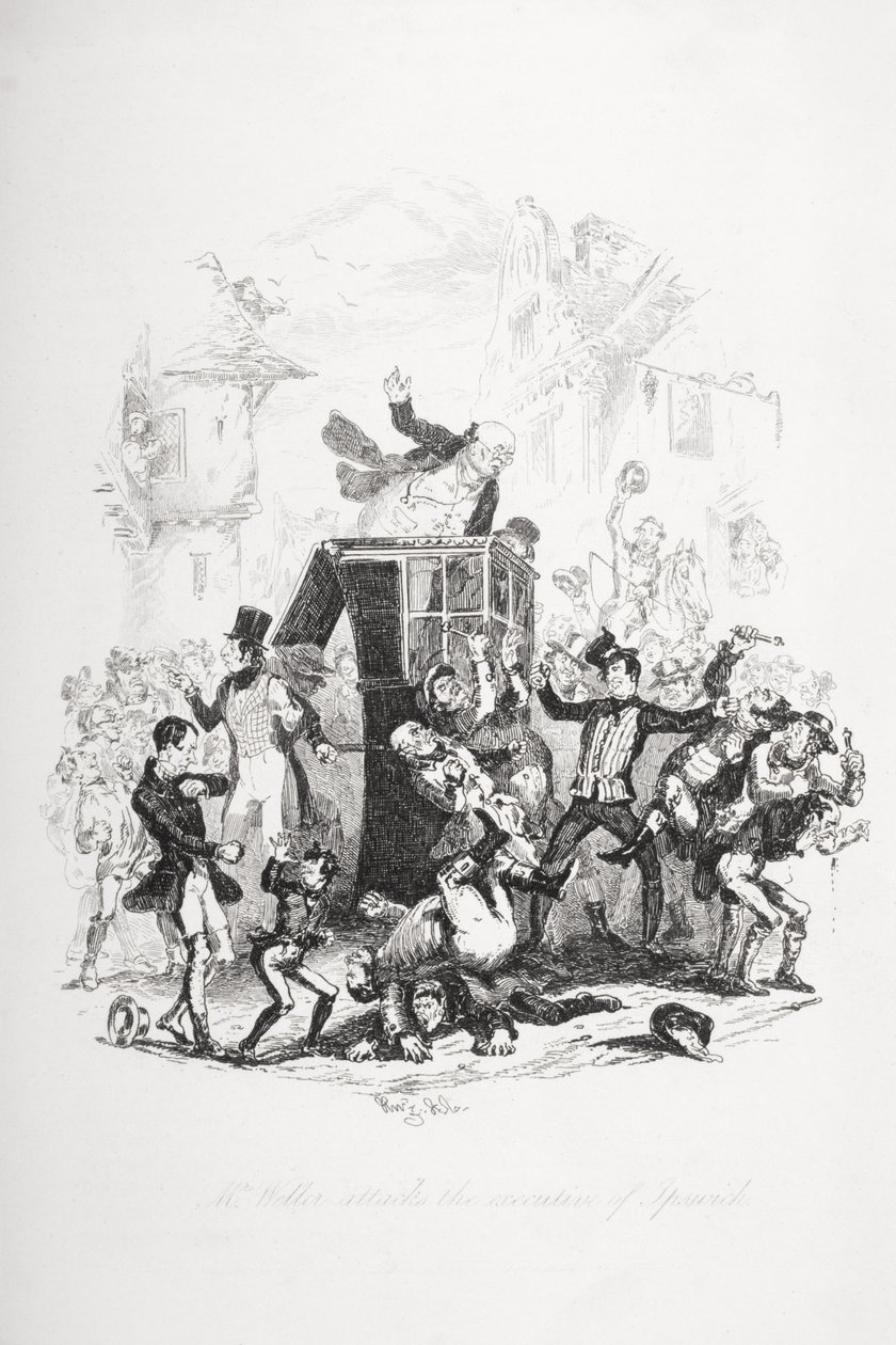 Pan Weller atakuje dyrektora Ipswich, ilustracja z „The Pickwick Papers” Charlesa Dickensa (1812-70) opublikowana w 1837 roku autorstwa Hablot Knight Browne