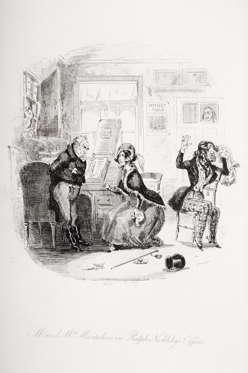 Państwo Mantalini w biurze Ralpha Nickleby pomiędzy Sir Mulberry i jego uczniem, ilustracja z „Nicholas Nickleby” Charlesa Dickensa (1812-70) opublikowana w 1839 roku autorstwa Hablot Knight Browne