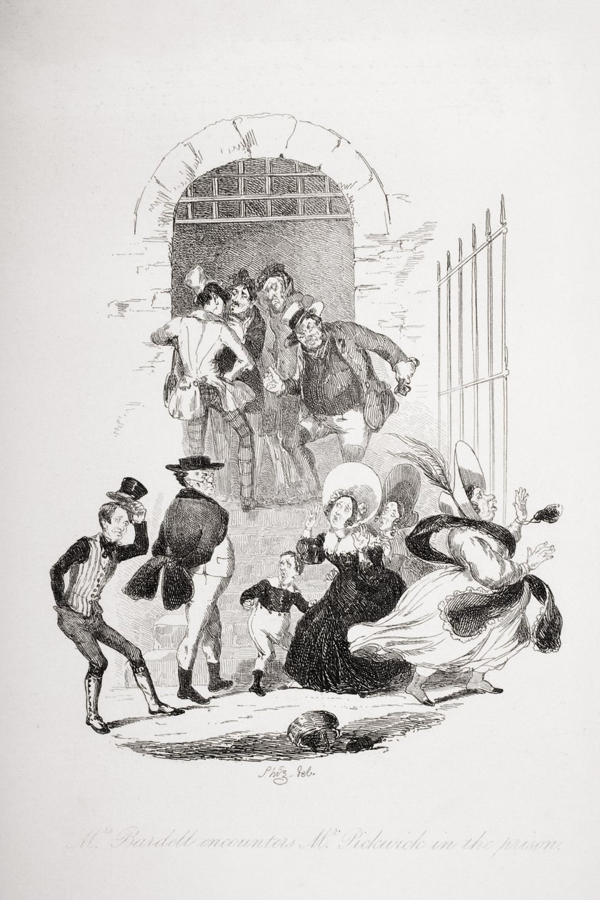 Pani Bardell spotyka pana Pickwicka w więzieniu, ilustracja z „The Pickwick Papers” Charlesa Dickensa (1812-70) opublikowanej w 1837 roku autorstwa Hablot Knight Browne