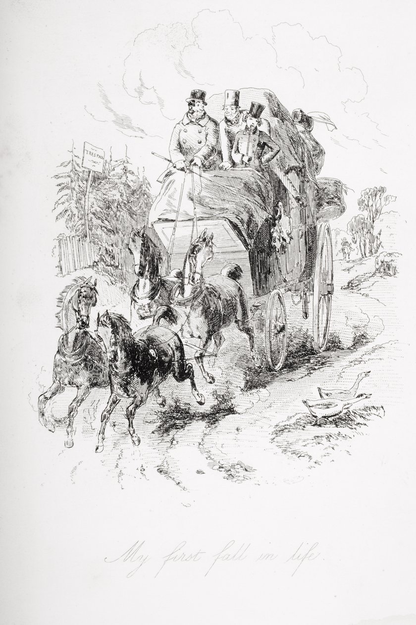 Mój pierwszy upadek w życiu, ilustracja z „Dawida Copperfielda” Charlesa Dickensa (1812-70) opublikowana po raz pierwszy w 1850 r. autorstwa Hablot Knight Browne