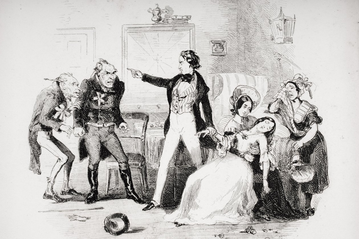 Nicholas gratuluje Arthurowi Gride w poranek poślubny, ilustracja z „Nicholas Nickleby” autorstwa Charlesa Dickensa (1812-70) opublikowana w 1839 r. (patrz także 259153) autorstwa Hablot Knight Browne