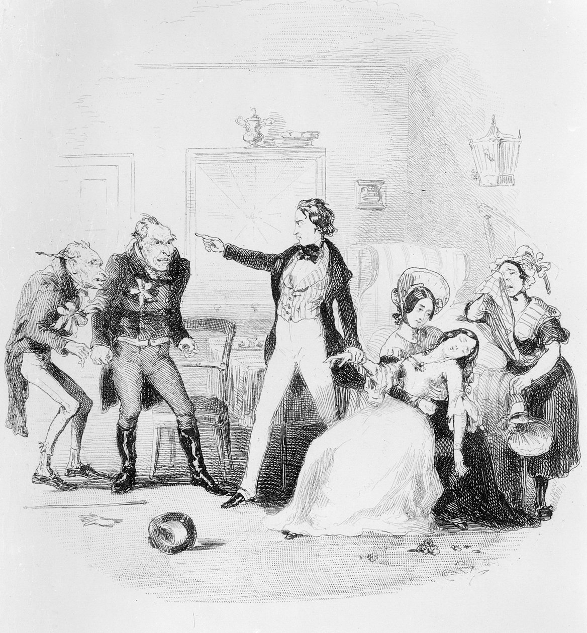 Nicholas gratuluje Arthurowi Gride w poranek poślubny, ilustracja z „Nicholas Nickleby” autorstwa Charlesa Dickensa (1812-70) opublikowana w 1839 r. autorstwa Hablot Knight Browne