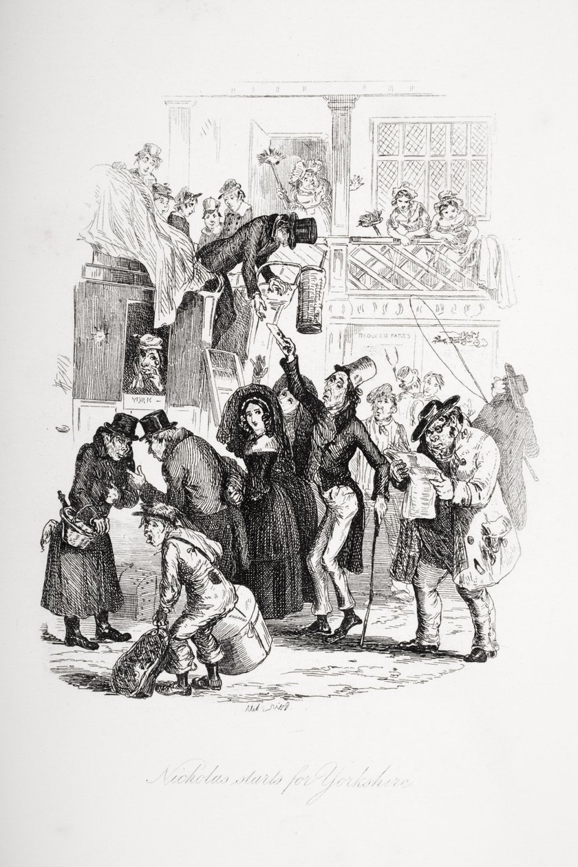 Nicholas wyrusza do Yorkshire, ilustracja z „Nicholas Nickleby” Charlesa Dickensa (1812-70) opublikowana w 1839 r. autorstwa Hablot Knight Browne